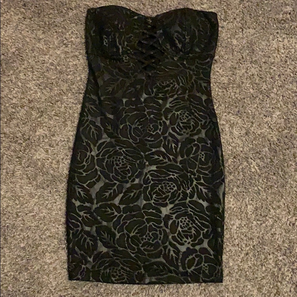 Strapless black floral print dress